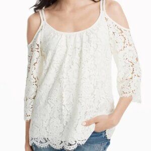 WHITE HOUSE BLACK MARKET Cream Lace Cold Shoulder Blouse Top Size XXS NEW NWT